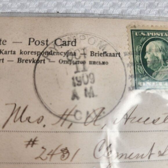 Antique Postcard Victorian Colorized 2 Women Flowered Hats On Swing 1909 - Picture 3 of 3